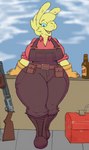 alcohol anthro beer belt beverage big_breasts blue_eyes boots breasts clothing ear_piercing ear_ring female footwear fur gloves handwear huge_thighs leaning_on_wall looking_at_viewer low_wall overalls pear-shaped_figure piercing ring_piercing shoes smile smiling_at_viewer solo thick_thighs weapon wide_hips yellow_body yellow_fur delfucko goatonomous third-party_edit team_fortress_2 valve engineer_(team_fortress_2) miss_b camelid llama mammal hi_res