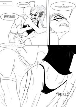 assisted_exposure blush bottomwear bottomwear_down breast_grab breasts camel_toe clothed clothing dialogue eye_patch eyelashes eyewear female hair hand_on_breast male panties pants pants_down partially_clothed sharp_teeth speech_bubble teeth text underwear captainjingo undertale undertale_(series) anon undyne aquatic fish human mammal absurd_res black_and_white comic english_text hi_res monochrome