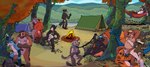 anthro camping forest group hammock landscape leash male male/male outside plant saber tent tree saberpaws ailurid bear canid canine canis coyote deer felid fox giant_panda mammal pantherine red_panda tiger wolf absurd_res hi_res