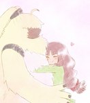 anthro belly brown_hair duo female fluffy fluffy_chest hair hair_over_eyes heart_symbol hug long_ears long_hair male ponytail_ears pamshindouu bandai_namco digimon ruri_tsukiyono angoramon digimon_(species) human mammal hi_res