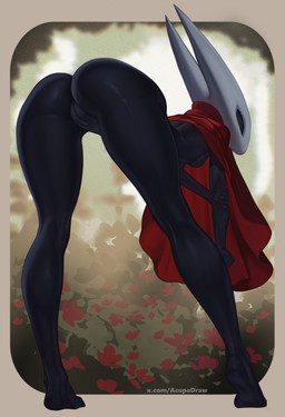 anthro black_body black_eyes breasts butt cloak clothing female genitals looking_at_viewer red_cloak red_clothing simple_background skinny small_breasts solo text thick_thighs vulva acupa hollow_knight_(franchise) team_cherry hornet_(hollow_knight) arthropod insect absurd_res hi_res url
