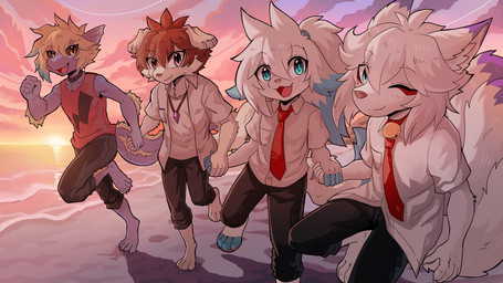 4_toes 5_fingers 5_toes anthro barefoot barely_visible_pawpads beach biped brown_hair claws clothed clothing dipstick_tail feet finger_claws fingers fur group hair kemono male markings one_eye_closed open_mouth open_smile pawpads paws pink_pawpads plantigrade smile sunset tail tail_markings toe_claws toes white_body white_fur white_hair penguinexperience mythology aiden_(penguinexperience) ladon_(character) canid canine canis domestic_dog dragon fox mammal mythological_creature mythological_scalie scalie 16:9 hi_res widescreen