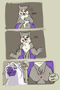 age_difference ambiguous_gender anthro anus beak covering covering_self dialogue duo fur grey_body grey_fur leg_grab male nude simple_background size_difference spread_legs spreading white_body white_fur wounded young puppyratcat mythology avian canid canine canis gryphon mammal mythological_avian mythological_creature comic