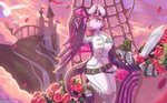 anthro art_nouveau belt castle clothed clothing eye_patch eyewear female flower fur hair holding_melee_weapon holding_object holding_sword holding_weapon melee_weapon membrane_(anatomy) membranous_wings pink_body pink_fur pink_hair pink_sky plant rose_(flower) sky solo standing sword twilight weapon wings heartspark nyxis bat mammal 2020 digital_media_(artwork) digital_painting_(artwork) painting_(artwork)