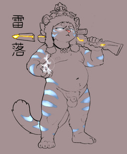 animal_genitalia anthro balls cjk_character clothing fully_sheathed fur genitals glowing glowing_eyes gun hat headgear headwear holding_gun holding_object holding_ranged_weapon holding_weapon jewelry lightning_magic looking_at_viewer male mostly_nude navel necklace nipples penis plantigrade ranged_weapon rifle sheath slightly_chubby solo standing weapon bedtime_buck gunfire_reborn lei_luo_(gunfire_reborn) felid mammal pantherine tiger 2025 digital_media_(artwork) hi_res