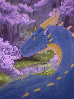ambiguous_gender blue_body blue_scales feral forest horn plant scales solo spikes spikes_(anatomy) tree vintage yellow_horn lisiya mythology dragon mythological_creature mythological_scalie scalie 3:4 hi_res portrait male_(lore)