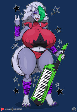 anthro big_breasts breasts camel_toe claws clothed clothing devil_horns_(gesture) ear_piercing female fur gesture grey_body grey_fur grey_hair hair hand_gesture huge_breasts keyboard_instrument keytar machine musical_instrument nipple_outline nipple_piercing nipples piercing solo tail thick_thighs topwear wide_hips zak_hitsuji five_nights_at_freddy's five_nights_at_freddy's:_security_breach scottgames steel_wool_studios roxanne_wolf canid canine canis mammal robot wolf absurd_res alpha_channel hi_res