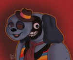 2023 ambiguous_gender anthro barnaby_beagle beagle body_horror canid canine canis clothing digital_drawing_(artwork) digital_media_(artwork) domestic_dog eyeball fur gradient_background grey_body grey_fur hat headgear headwear hi_res hunting_dog looking_at_viewer mammal necktie nightmare_fuel scent_hound serpi_lilo simple_background smile solo teeth top_hat topwear watermark welcome_home