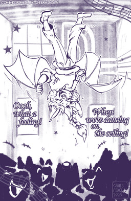 anthro bat_wings biped bodily_fluids bottomwear braided_hair braided_ponytail clothed clothing dancing eyebrows eyes_closed female group hair medium_hair membrane_(anatomy) membranous_wings musical_note musical_symbol open_mouth open_smile pants ponytail short_tail silhouette smile solo_focus sweat sweater symbol tail text topwear upside_down winged_arms wings canisfidelis bat mammal 2025 english_text hi_res monochrome