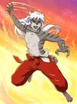 4_toes 5_fingers alternate_species anthro anthrofied clothed clothing eyebrows eyelashes feet fingers green_eyes hair male open_mouth solo teeth toes tongue topless white_hair ark_warrior inuyasha inuyasha_(inuyasha) felid feline mammal 2021 3:4 absurd_res digital_media_(artwork) hi_res