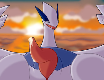 bodily_fluids cum cum_drip dripping feral genital_fluids genitals lidded_eyes looking_at_viewer male open_mouth outside penis sea seaside smile smiling_at_viewer solo sunset water dragunsnack nintendo pokemon generation_2_pokemon legendary_pokemon lugia pokemon_(species) hi_res
