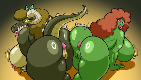 anthro anus areola ass_up big_breasts big_butt big_hair big_legs big_muscles biped breasts butt butt_focus butt_squish dominant dominant_female duo fangs female female_anthro female_humanoid genitals green_body green_skin hair horn huge_breasts humanoid_genitalia humanoid_vulva inner_labia lips long_inner_labia looking_at_viewer looking_back muscular muscular_thighs nipples nude presenting presenting_hindquarters puffy_anus seductive simple_background squish teeth thick_lips underbite vulva wide_hips infinityartistix fallout microsoft deathclaw humanoid lizard orc reptile scalie hi_res