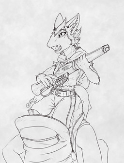 backpack clothing duo fangs female fur fur_and_scales gun hair male open_mouth ranged_weapon riding scales scarf short teeth ventral_scales weapon blokfort fallout microsoft sifon_(dymios3) canid canine fox human hybrid mammal night_stalker_(fallout) reptile scalie snake 2021 hi_res monochrome