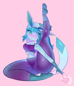 3_toes anthro athletic barefoot blue_eyes blue_hair blush bra breasts cleavage clothed clothing feet female hair holding_leg holding_leg_up leggings legwear logo navel pink_background plantigrade ponytail purple_clothing purple_legwear purple_topwear raised_leg simple_background slim small_waist soles solo sports_bra thick_thighs toes topwear underwear yoga shgrcube nintendo pokemon eeveelution generation_4_pokemon glaceon pokemon_(species) hi_res