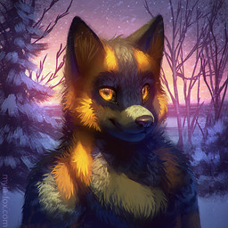 anthro backlighting black_body black_fur black_nose chest_tuft detailed_background fur glistening glistening_eyes light looking_at_viewer male mouth_closed nude orange_body orange_eyes orange_fur outside plant sky snow snowing solo sunset text tree tuft mylafox canid canine fox mammal 1:1 2016 bust_portrait detailed icon lighting portrait url