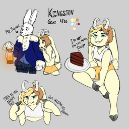 anthro black_hooves blue_eyes bodily_fluids bottomwear cake candy chocolate chocolate_cake clothing crop_top dessert duo femboy fingers fluffy fluffy_tail food frilly frilly_clothing fur hair hooved_fingers hooves horizontal_pupils horn hotpants lamp lantern long_ears male multicolored_hair pupils shirt shorts sweat sweatdrop tail topwear two_tone_hair white_body white_fur white_horn yellow_body yellow_fur templar_ponyboy femboy_hooters edward_tulane kingston_(templar_ponyboy) bovid caprine domestic_goat goat lagomorph leporid mammal pygmy_goat rabbit 1:1 hi_res model_sheet