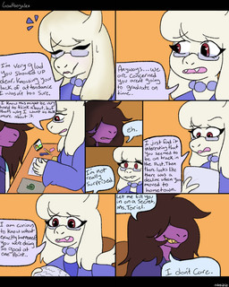 anthro black_bars bodily_fluids brown_hair clothing computer cute_fangs duo electronics eyewear fangs female floppy_ears freckles fur glasses hair jewelry laptop necklace purple_body purple_skin reading red_eyes smile smirk speech_bubble sweat sweatdrop teeth text white_body white_fur goatboyalex deltarune undertale undertale_(series) susie_(deltarune) toriel boss_monster_(undertale) bovid caprine goat mammal scalie 2020 4:5 comic digital_media_(artwork) english_text letterbox