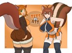 ahoge animal_ears animal_tail big_breasts big_butt blue_clothing blue_topwear bottomwear breasts brown_body brown_bottomwear brown_clothing brown_eyes brown_fur brown_hair brown_jacket brown_shorts brown_topwear buckteeth butt clothed clothing duo eyelashes female front_view fur gloves green_eyes grey_clothing grey_legwear grey_thigh_highs hair handwear huge_breasts huge_butt jacket legwear looking_at_viewer looking_back looking_back_at_viewer navel open_clothing open_jacket open_mouth open_smile open_topwear orange_background orange_bottomwear orange_clothing orange_gloves orange_handwear orange_skirt orange_topwear rear_view short_hair shorts simple_background skirt smile tan_body tan_skin teeth text thigh_highs topwear white_background wide_hips snakebd arc_system_works blazblue marvel marvel_rivals makoto_nanaya squirrel_girl_(marvel) animal_humanoid humanoid mammal mammal_humanoid rodent rodent_humanoid sciurid sciurid_humanoid tree_squirrel_humanoid hi_res