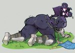anthro armor big_butt breasts butt clothed clothing crawling embarrassed eye_scar facial_scar female fur looking_at_viewer open_mouth pose purple_body scar shadow_face simple_background smile solo thick_thighs sherrypink97 epic_games fortnite raven_team_leader bear mammal ursine absurd_res digital_media_(artwork) hi_res pinup