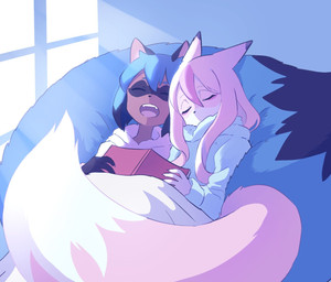 anthro bedding big_tail blanket blue_hair blue_tail book brown_body brown_fur claws daww duo eyes_closed facial_markings female female_anthro fur hair head_markings huge_tail hyper hyper_tail inside long_hair lying markings mask_(marking) on_back open_mouth pink_body pink_fur pink_hair pink_tail sleeping sleeping_together tail tongue window h0y0n brand_new_animal studio_trigger michiru_kagemori nazuna_hiwatashi canid canine fox mammal raccoon_dog tanuki 2020