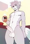 abs annoyed anthro athletic athletic_anthro athletic_male balls coffee_mug erection facial_piercing foreskin fur genitals grey_body grey_fur grey_hair hair hair_over_eye half-closed_eyes humanoid_genitalia humanoid_penis lip_piercing male multicolored_body multicolored_fur muscle_tone narrowed_eyes nude pecs penis piercing snakebite_piercing solo stud_piercing two_tone_body two_tone_fur vein veiny_penis white_body white_fur lukiro akaro_(lukiro) canid canine canis hybrid mammal procyonid raccoon wolf hi_res