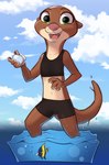 anthro bikini bikini_bralette bikini_shorts black_bikini black_clothing black_swimwear bottomwear clothing female green_eyes looking_at_viewer midriff navel open_mouth open_smile sea shorts smile solo swimwear two-piece_swimsuit water siroc disney zootopia mrs._otterton lontra mammal mustelid north_american_river_otter otter river_otter 2022 absurd_res hi_res