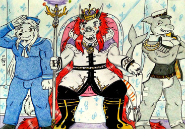 anthro barazoku biceps big_muscles big_pecs black_bottomwear black_clothing black_pants blue_clothing blue_topwear bottomwear bulge captain chair clothed clothing crossed_arms crown fur furniture gold_(metal) gold_crown gold_jewelry grey_body hair hat headgear headwear holding_object jewelry king long_hair looking_at_viewer magic_staff male manly medallion multicolored_body muscular muscular_anthro muscular_arms muscular_male pants peaked_cap pecs pillar purple_eyes red_eyes red_hair royalty sailor sailor_cap sailor_uniform shark_tail sharp_teeth shirt smile standing tail tailblade teeth throne throne_room topwear uniform uniformed_male white_body white_clothing white_fur white_hair yellow_eyes dashthefox mythology bruno_o_donnell markshark rowseradimus canid canine canis dragon fish mammal marine mythological_creature mythological_scalie scalie shark wolf 2025 colored_pencil_(artwork) hi_res traditional_media_(artwork)