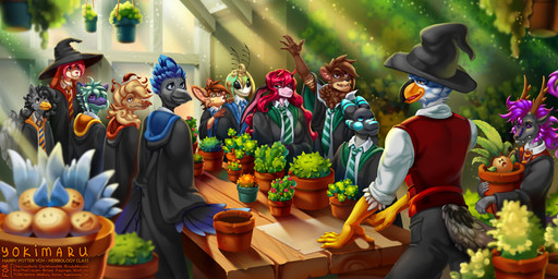accessory antennae_(anatomy) anthro antlers beak black_beak black_body black_bottomwear black_clothing black_feathers black_pants blue_body blue_feathers bottomwear brown_antlers brown_body brown_fur brown_hair clothed clothing detailed_background feathered_wings feathers female fully_clothed fur furniture greenhouse grey_body group gryffindor hair hanging_plant hat headgear headwear hogwarts_uniform holding_potted_plant horn hufflepuff humanoid_hands inside light light_beam long_hair male mandragora_(plant) mane monotone_beak multicolored_beak necktie pants paper pattern_necktie plant plant_pot potted_plant purple_body purple_mane raised_hand ravenclaw red_clothing red_hair red_topwear red_vest robe rolled_up_sleeves school_uniform shirt slytherin snout striped_necktie sunbeam sunlight table tail tail_feathers topwear two_tone_beak uniform vest vivarium white_clothing white_shirt white_topwear wings witch_hat wizard_robe yellow_beak yokimaru european_mythology harry_potter_(series) mythology accipitrid accipitriform avian bird canid canine canis coyote domestic_dog dragon eagle elemental_creature fennec_fox flora_fauna fox lagomorph leporid mammal mythological_creature mythological_mandrake mythological_scalie rabbit scalie true_fox wolf 2020 digital_media_(artwork) digital_painting_(artwork) painting_(artwork) shaded