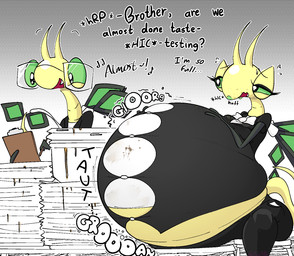 anthro belly big_belly black_clothing clothing dialogue duo female green_sclera huge_belly hyper hyper_belly male overweight plate sitting sound_effects stuffing text yellow_body blahblah866 nintendo pokemon caeser_(blahblah866) mayfly_(blahblah866) generation_3_pokemon pokemon_(species) vibrava 2025 digital_media_(artwork) english_text hi_res