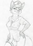 2016 alternate_version_at_source anthro bottomless breasts canid canine clothed clothing erect_nipples female fox genitals hair looking_at_viewer mammal nipple_outline nipples nurse nurse_clothing nurse_uniform pussy ruaidri simple_background sketch solo uniform white_background