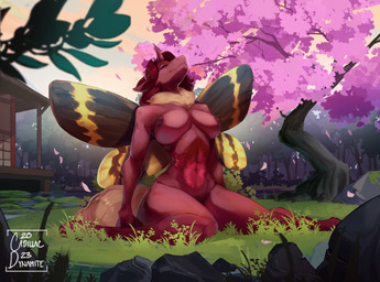 anthro breasts cherry_blossom cherry_blossom_tree cherry_tree eyes_closed female flower fruit_tree grass hair horn insect_wings lepidopteran_wings nipples pagoda plant prunus_(flower) red_body red_hair sitting solo tree wings egil_art friendship_is_magic hasbro my_little_pony fan_character flechette changeling_(mlp) mothling_(species) absurd_res hi_res