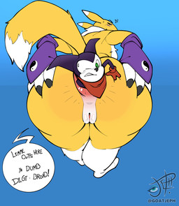 anal anal_penetration anal_vore annoyed anthro anus armwear black_sclera blue_eyes blush blush_lines bodily_fluids bridal_gauntlets butt chest_tuft claws clothing dipstick_tail female genitals green_eyes hankerchief larger_pred leg_markings male markings multicolored_body penetration purple_body size_difference socks_(marking) spread_butt spreading struggling struggling_prey sweat sweatdrop tail tail_markings text tuft vore vulva white_body yellow_body goatjeph bandai_namco digimon digimon_(species) impmon renamon 2025 digital_drawing_(artwork) digital_media_(artwork) english_text hi_res