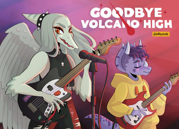 3_fingers 3_horns amber_eyes anthro arm_feathers bass_guitar blue_body bone_frill bottomwear clothed clothing crop_top duo electric_guitar eyes_closed feathered_wings feathers female fingers flat_chested frill_(anatomy) grey_body grey_feathers grey_hair guitar hair half-shaved_head holding_bass hoodie horn jewelry long_hair looking_at_viewer multi_horn musical_instrument necklace pants pendant plucked_string_instrument purple_body purple_hair shirt simple_background skull_necklace smile snout spiked_hairband spiked_headwear standing string_instrument tail text topwear torn_bottomwear torn_clothing torn_pants wings nthepirate fender_musical_instruments_corporation goodbye_volcano_high ko_op_(game_developer) fang_(gvh) trish_(gvh) ceratopsian ceratopsid chasmosaurine dinosaur marginocephalian ornithischian prehistoric_species pterosaur reptile scalie triceratops 2020 colored english_text hi_res nonbinary_(lore)