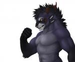 2016 amber_eyes anthro biceps charr clothed clothing dagos fangs felid flexing fur guild_wars half-length_portrait hi_res horn male mammal multi_ear muscular muscular_anthro muscular_male navel nude pecs pink_nose portrait scar simple_background solo syrax teeth topless white_background