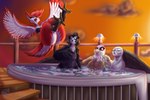 anthro big_butt bottomless breasts butt cleavage clothed clothing feathers female group hot_tub multicolored_body multicolored_feathers partially_submerged two_tone_body two_tone_feathers wings blues64 lesang avian bird owl absurd_res hi_res