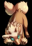 2017 2_horns ambiguous_gender arm_tuft blue_eyes brown_body canid canine claws digital_media_(artwork) feral flavia-elric fluffy fluffy_tail fur hi_res horn inn leaning leaning_forward looking_back mammal pupils shadow solo tail tuft white_pupils wrist_tuft