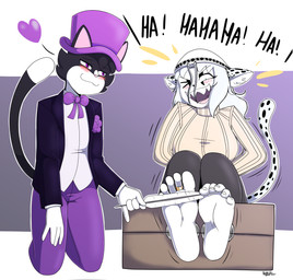 5_toes anthro barefoot bdsm blush bondage bottomwear bound bow_tie clothing duo feathers feet female foot_fetish foot_focus gloves handwear hat headgear headwear holding_feather holding_object jacket laugh male male/female nails pants purple_bottomwear purple_bow_tie purple_clothing purple_pants purple_top_hat tickle_torture tickling tickling_feet toenails toes top_hat topwear white_clothing white_gloves white_handwear howsplendid domestic_cat felid feline felis leopard mammal pantherine snow_leopard tuxedo_cat hi_res
