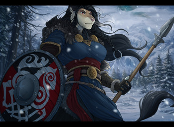 anthro armor belt biped black_bars black_hair blue_clothing blue_shirt blue_topwear blue_tunic brown_body brown_fur chainmail claws clothing detailed_background female finger_claws forest fur hair holding_melee_weapon holding_object holding_polearm holding_shield holding_spear holding_weapon melee_weapon multicolored_body multicolored_fur norse outside plant polearm red_eyes shield shirt snow solo spear tail tail_tuft tan_body tan_fur topwear tree tuft tunic vambrace viking weapon wargtress felid lion mammal pantherine 2026 digital_media_(artwork) hi_res letterbox