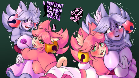 bodily_fluids breast_play breast_suck breasts clothed clothing duo female female/female green_eyes grey_body grey_hair grey_skin hair heart_eyes heart_symbol pink_body pink_hair pink_skin purple_eyes saliva saliva_string shadow sucking tongue tongue_out kurotodraw mad_mew_mew mew_mew_(undertale) pink_(deltarune) domestic_cat felid feline felis humanoid mammal 16:9 4k absurd_res hi_res widescreen