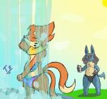 ambiguous_gender bathing cascade cellphone clothing duo electronics grin looking_pleasured male phone recording shower slightly_chubby smile soaked speedo summer sun swimwear taking_picture thick_thighs water waterfall fennephilim_fox nintendo pokemon buizel generation_4_pokemon lucario pokemon_(species) hi_res