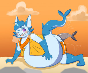anal anal_vore belly big_belly blush blush_lines breath hand_on_belly male panting solo unwilling_pred vore v1sage aquatic canid canine fish fox hybrid mammal shark