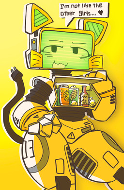 anthro beverage_bottle beverage_can biped bottle cable_tail container curvy_figure female hourglass_figure ice ice_cube open_mouth post-it_note screen screen_ears screen_face segmented_body smug solo thick_thighs whiskers wide_hips fc5 pur_03 domestic_cat felid feline felis mammal robot_anthro 2026 hi_res