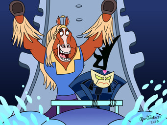 accessory black_ear_ring blonde_mane blue_body brown_body brown_fur cosplay crossover_cosplay duo feather_in_hair female feral forehead_gem fur gem green_eyes green_sclera hair hair_accessory hooves loose_feather machine male mane metallic_body pink_gem voice_actor_joke afrootaku917 disney my_life_as_a_teenage_robot nickelodeon the_emperor's_new_groove zootopia brian_winddancer kronk vexus yzma animal_humanoid arthropod arthropod_humanoid equid equine horse humanoid insect insect_humanoid mammal robot robot_humanoid absurd_res crossover hi_res