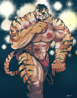abs anthro arena biceps black_hair black_stripes blood blood_from_mouth blood_in_mouth blood_on_hand bodily_fluids body_hair boxing bruised bruised_arm bruised_belly claws clothed clothing crossed_arms ears_up eye_patch eyewear facial_hair fighting_ring fur goatee hair happy_trail lights lying male muscular muscular_anthro muscular_male nipples nosebleed on_front on_ground one_eye_obstructed orange_body orange_fur pecs red_clothing red_thong red_underwear solo sport standing stripes thick_thighs thong thong_only topless triceps underwear underwear_only vein veiny_arms veiny_muscles violence rybiok mr._blake_(rybiok) felid mammal pantherine tiger 2022 hi_res signature