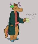 anthro balls beverage clothed clothing container cup erection flip_flops footwear genitals groggy male mug open_clothing open_robe penis robe sandals shoes solo tail uwu dozendav mythology daverage_(dozendav) dragon mythological_creature mythological_scalie scalie