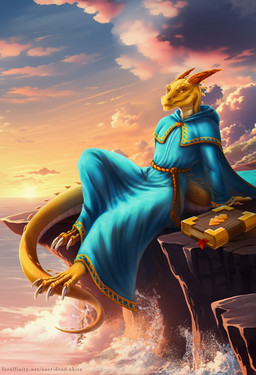amber_eyes book cliff cloak clothed clothing cyan_robe gold_body gold_book gold_ornament gold_scales horn magic_user orange_gemstones robe sea spellbook spines sunrise sunset text water water_splashes dead.akira dungeons_and_dragons hasbro wizards_of_the_coast kobold scalie topaz_dragon hi_res url