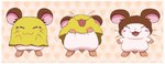 bedding blanket blush border brown_body brown_fur eyes_closed female feral fur pattern_background simple_background smile solo white_body white_border white_fur pichu90 hamtaro_(series) penelope_(hamtaro) cricetid hamster mammal rodent