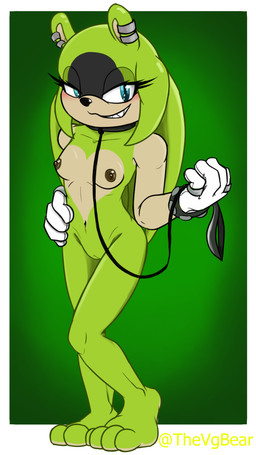 anthro areola black_body black_fur black_nose blue_eyes blush bracelet breasts brown_areola brown_nipples chest_markings clothing collar ear_piercing eyelashes facial_markings female front_view fur genitals gloves gloves_only green_background green_body green_fur hand_on_hip handwear handwear_only head_markings heart_(marking) jewelry leash leashed_collar looking_at_viewer markings mostly_nude navel nipples nude piercing ring sharp_teeth simple_background small_breasts smile solo studded_bracelet studded_jewelry studs tan_body tan_fur teeth vulva white_background white_clothing white_gloves white_handwear thevgbear idw_publishing sega sonic_the_hedgehog_(comics) sonic_the_hedgehog_(idw) sonic_the_hedgehog_(series) surge_the_tenrec afrosoricid mammal tenrec 9:16 hi_res