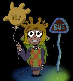 anthro balloon blonde_hair brown_body buckteeth clothed clothing female hair inflatable sign solo teeth iluvrabbitz deltarune nickelodeon spongebob_squarepants undertale_(series) noelle_holiday deer mammal new_world_deer reindeer absurd_res hi_res