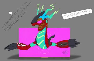 ambiguous_gender claws coming_out_of_monitor computer_monitor dialogue dialogue_box electronics finger_claws grey_background logo looking_at_viewer monitor open_mouth simple_background solo text leskarmory nintendo pokemon future_pokemon generation_9_pokemon legendary_pokemon miraidon paradox_pokemon pokemon_(species) ultimate_mode_miraidon 2026 absurd_res artist_logo english_text hi_res